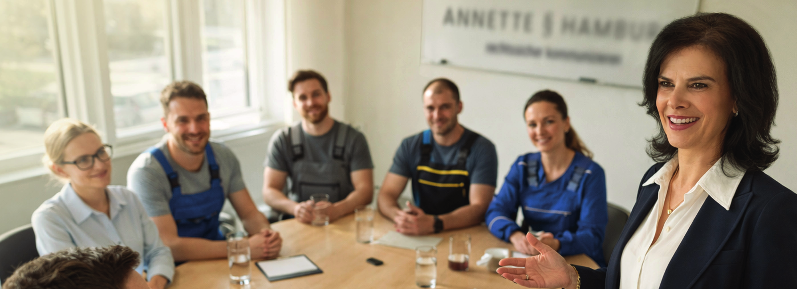 Annette Hamburg im Seminar mit einem Team aus Handwerkern und Mitarbeitenden am Besprechungstisch